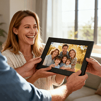 MemFrame on a shelf showing family photos