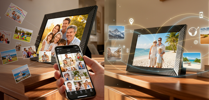 MemFrame displaying a collage of family photos