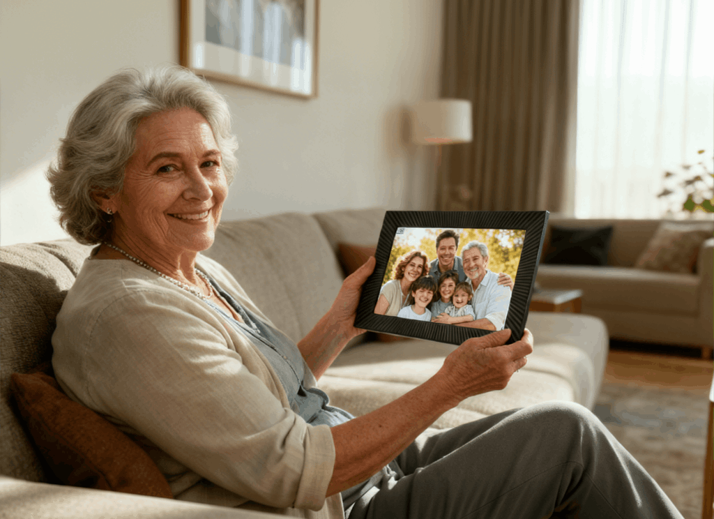 Family sending photos to MemFrame through the Frameo app